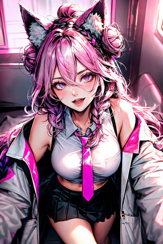 (masterpiece),,(best quality), 
1girl, long hair, breasts, looking at viewer, blush, smile, open mouth, skirt, shirt, hair ornament, long sleeves, holding, animal ears, hair between eyes, bare shoulders, purple eyes, white shirt, pink hair, braid, open clothes, necktie, sleeveless, solo focus, fang, midriff, collared shirt, black skirt, pink eyes, off shoulder, hair bun, crop top, animal ear fluff, sleeveless shirt, pov, wolf ears, labcoat, crown braid, pov hands, holding another's wrist, braided bun, pink necktie, test tube, hexagon, holographic interface,sneakers