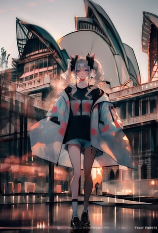 (Opera House sydney:1.4),

1girl, solo, long hair, looking at viewer, shirt, long sleeves, bow, holding, twintails, closed mouth, jacket, hair bow, grey hair, shoes, shorts, socks, open jacket, sleeves past wrists, grey eyes, black shirt, , white jacket, ,cinematic, 

((Opera House background:1.2)