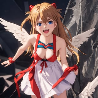 asuka,angel_wings, angel, masterpiece, full details, details, black eyes, blonde laughed hair, dynamic background  , blue eyes,3D