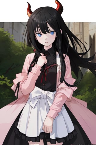 infernal princess, with human form but with diabolical features, full details, 1 girl, casually dressed, slender body, blue eyes, black hair color, light skin, masterpiece,aakurumi
