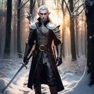 A world of gears and steam with A single tall slim fit pale dark male elf with bright silver eyes, (carrying a single sword in one hand), a potion bottle in the other hand, looking at the viewer, wearing leather grabs from head to Toe. Sunset as backlight, winter, forest covered snow. HD, 4K, high resolution. darkart,LegendDarkFantasy ,realistic