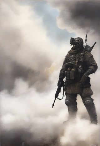jonnzack_art_style, a lone warrior with his weapons and swords and standing amidst clouds of dust and smoke, a warzone. jonnzack_art_style textures, jonnzack_art_style colors, biomechanical armour suit,