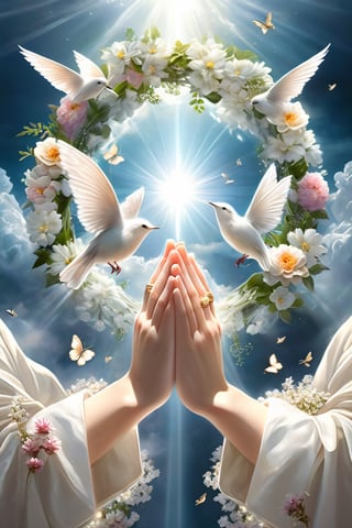  Cinematic, photorealistic closeup of two praying hands, in center, flowers wreath around the hands, holy lights burst through clouds, very sacred image, birds flying around, butterflies