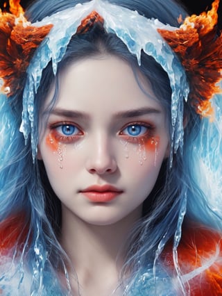 RAW photorealistic closeup portrait of a radiant goddess of fire and ice. tears of ice and tears of fire dripping from her eyes
  