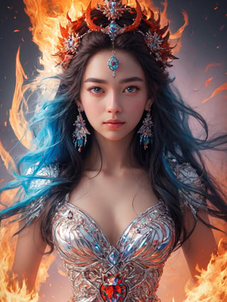 super photorealistic closeup portrait of a radiant goddess of fire and ice.
  