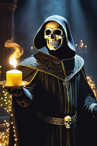 

grand view, digital art of Shakespeare performing the play "To be or not to be" in a grim reaper outfit, looking at a skull he holds in his hands, a phantasmagoric piece of theatrical action, he is in the middle of a stage, with lights focusing on his body and a few smoke in the background surrounding, global illumination in yellow, , 




vibrant ambience, lively atmosphere, adorned with fairy lights and candles, captured in photorealistic detail with real skin textures, soft lighting, and presented as an absurdres masterpiece.

highly detailed HDR photo, 8k quality, best quality, high resolution ultra photorealistic, high definition, highly detailed photo, photon mapping, dynamic angle, professional lighting, highly detailed face and body,expressive eyes, perfectly detailed face

 