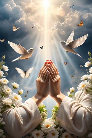  Cinematic, photorealistic closeup of two praying hands, in center, flowers wreath around the hands, holy lights burst through clouds, very sacred image, birds flying around, butterflies