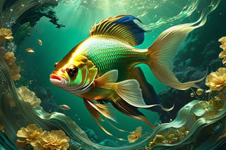  Cinematic, photorealistic of a goldfish and a siamese fighter fish, vibrant colors, green & gold , fantasy, warm green tone, surreal, 8k resolution photorealistic masterpiece by Aaron Horkey and Jeremy Mann, professional photography, volumetric lighting maximalist photoillustration by marton bobzert, 8k resolution concept art intricately detailed, complex, elegant, expansive, fantastical, mythical clouds, caustics of light, 