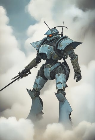 jonnzack_art_style, a lone mecha warrior with his weapons and swords and standing amidst clouds of dust and smoke, a warzone. jonnzack_art_style textures, jonnzack_art_style colors, biomechanical armour suit, jonnzack_art_style comic page layout, jonnzack_art_style designs, intricate ornate armour