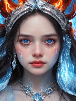 RAW photorealistic closeup portrait of a radiant goddess of fire and ice. tears of ice and tears of fire dripping from her eyes
  