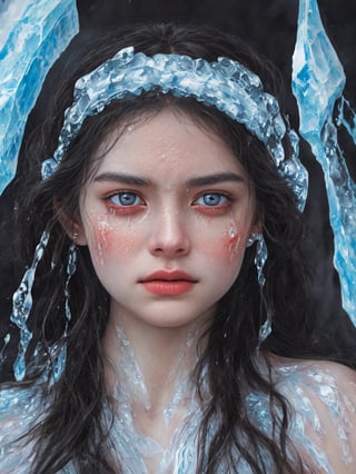 RAW photorealistic  portrait of a radiant goddess of lava and ice. tears of ice and tears of fire dripping from her eyes
  