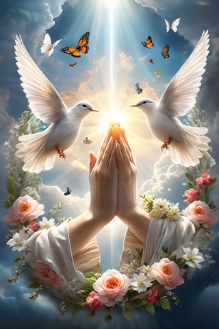  Cinematic, photorealistic closeup of two praying hands, in center, flowers wreath around the hands, holy lights burst through clouds, very sacred image, birds flying around, butterflies