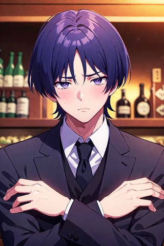 1boy, solo, male focus, portrait, Scara, black suit, black tie, sad, dark purple eyes, at a bar, slight blush