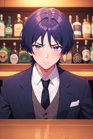 1boy, solo, male focus, portrait, Scara, black suit, black tie, sad, dark purple eyes, at a bar, slight blush