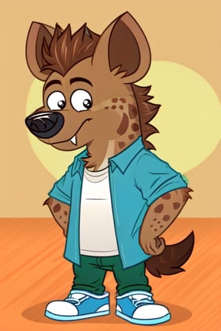 hyena, anthro, solo, male, howie, blue open shirt, white undershirt, green pants, blue sneakers, cartoon, standing, light brown fur, brown hair, tail, fangs