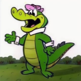 Wally Gator, male, alligator, pink hat, white collar, white cuffs, cartoon, solo, four fingers, three toes, full body, green and yellow body, anthro