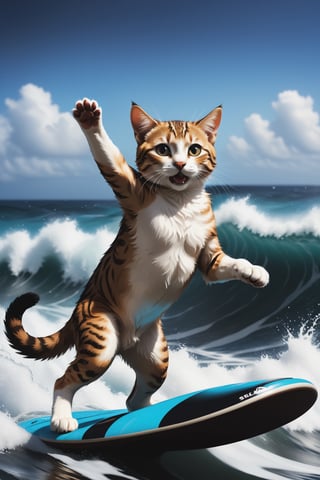 a cute cat surving on high waves,photo r3al