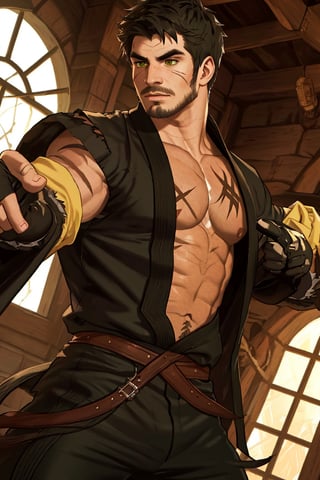 solo male, Grappler, Dungeon Fighter Online, black hair, short hair, brown eyes, thick eyebrows, forked eyebrows, stubble, green eyes, scars on face, scar on cheek, scar on chest, pectorals, pectoral cleavage, rn black dougi, black pants, red martial arts belt, yellow fingerless gloves, barefoot, bandaged hand, toned male, mature, handsome, charming, alluring, serious, fighting stance, upper body, perfect anatomy, perfect proportions, (perfect eyes), best quality, masterpiece, high_resolution, dutch angle, cowboy shot, photo background