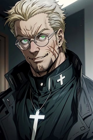 solo male, Alexander Anderson, Hellsing, Catholic priest, short silver-blond hair, green eyes, tanned skin, defined squared jaw, light facial hair, wedge-shaped scar on left cheek, round glasses, opaque glasses, glowing glasses, black clerical collar shirt with blue trim, (grey coat, open coat:1.2), white gloves, silver cross necklace, (single cross, accurate cross:1.2), mature, middle-aged, imposing, tall, handsome, charming, alluring, slight smile, calm, kindly, (portrait, close-up, face focus), face only, perfect anatomy, perfect proportions, best quality, masterpiece, high_resolution, dutch angle, photo background, Vatican City, indoor