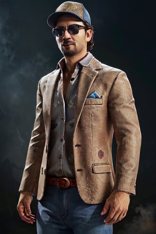 1boy, solo, Ace Visconti, Dead By Dayligh, Argentinian of Italian descent, gambler, grey-streaked hair, facial hair, sunglasses, (cap), damask print shirt, classic jacket, jeans, mature, manly, masculine, handsome, charming, alluring, dashing, smirk, (standing), (upper body in frame), dark background, fog, dark atmosphere, perfect light, perfect anatomy, perfect proportions, perfect perspective, 8k, HQ, (best quality:1.5, hyperrealistic:1.5, photorealistic:1.4, madly detailed CG unity 8k wallpaper:1.5, masterpiece:1.3, madly detailed photo:1.2), (hyper-realistic lifelike texture:1.4, realistic eyes:1.2), picture-perfect face, perfect eye pupil, detailed eyes, realistic, HD, UHD, portrait, looking outside frame, side view