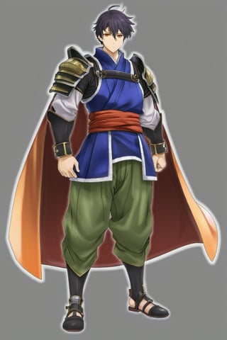 solo male, Kibito Araka, Kabaneri of the Iron Fortress, short hair, dark blue hair, brown-golden eyes, goatee, muscular build, tall, samurai armor, white Juban \(kimono\)
, (orange Haidate \(armored Skirt\)), orange plated cuirass, red waistband, padded sleeves, khaki pants, brown gauntlet, fingerless gauntlet, purple armored faceplate, black puttee, sandals, mature, handsome, charming, alluring, standing, upper body, perfect anatomy, perfect proportions, best quality, masterpiece, high_resolution, dutch angle, cowboy shot, photo background,1boy,photo of ofrlev person