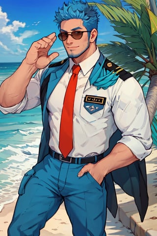 (1 image only), solo male, Wilbur, Animal Crossing, personification, pure blue hair, short hair, black eyes, blue facial hair, jawline stubble, aviation pilot uniform, white collor shirt, red necktie, epaulette, aviator sunglasses, blue pants, socks, black footwear, mature, dilf, bara, handsome, charming, alluring, grin,close-up,portrait, hand in pocket, (two-finger salute:1.2), perfect anatomy, perfect proportions, (best quality, masterpiece), (perfect eyes, perfect eye pupil), perfect hands, high_resolution, dutch angle, cowboy shot, seaside, summer