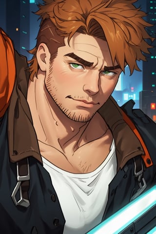 (1 image only), solo male, Gagumber, Sakugan, physical laborer worker, brown hair, two-tone hair, stubble, green eyes, thick eyebrows, (white tank top), (orange High-visibility jacket), open jacket, green work pants, black boots, black gloves, mature, handsome, charming, alluring, smirk, ((portrait, close-up)), perfect anatomy, perfect proportions, high_resolution, dutch angle, detailed background, cyberpunk city