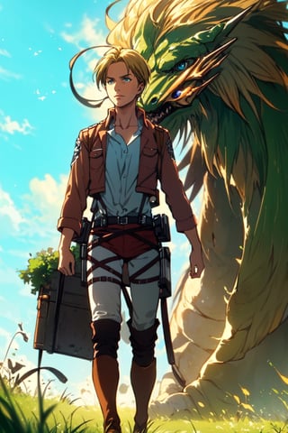 1girl, solo, Nanaba, Attack on Titan, blue eyes, wore standard Survey Corps uniform with a light-colored v-neck underneath, (blond hair) short light hair, petite build, beautiful, handsome female, charming, alluring, gentle expression, soft expression, calm, smile (standing), (full body in frame), simple background, green plains, sky, dawn light, cinematic light, perfect anatomy, perfect proportions, 8k, HQ, HD, UHD, (best quality:1.5, hyperrealistic:1.5, photorealistic:1.4, madly detailed CG unity 8k wallpaper:1.5, masterpiece:1.3, madly detailed photo:1.2), (hyper-realistic lifelike texture:1.4, realistic eyes:1.2), picture-perfect face, perfect eye pupil, detailed eyes, dynamic, (dutch angle), (side view), AttackonTitan,perfecteyes, Nanaba,1 girl