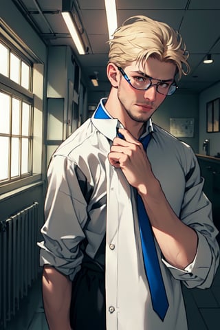 reiner braun, hazel eyes, blond hair, short hair, bare forehead, (facila hair, stubble:1.5), (wore rectangular spectacles framed glasses:), (light blue collared shirt:1.5, deep blue necktie:1.2, black pants), tucked-in shirts, manly, hunk, masculine, virile, confidence, charming, alluring, smile, standing, (upper body in frame), 1920s artdeco style golden and black room, perfect light, perfect anatomy, perfect proportions, perfect perspective, 8k, HQ, (best quality:1.5, hyperrealistic:1.5, photorealistic:1.4, madly detailed CG unity 8k wallpaper:1.5, masterpiece:1.3, madly detailed photo:1.2), (hyper-realistic lifelike texture:1.4, realistic eyes:1.2), picture-perfect face, perfect eye pupil, detailed eyes, realistic, HD, UHD, look at viewer, solo, art_deco_fusion, mature