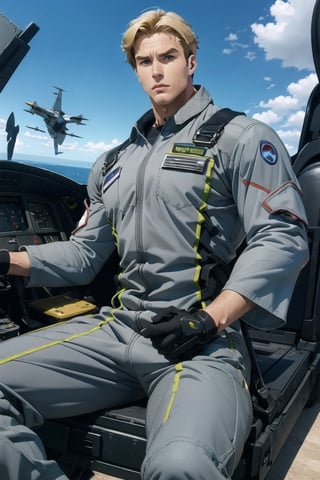 solo male, Lewis Smith \(Brave Bang Bravern\), ((blond hair)), short hair, blue eyes, (((grey pilot jumpsuit, gray pilot  jumpsuit, grey sleeves))), black boots, mature, handsome, charming, alluring, muscular, beefy, sitting,  mecha cockpit, standing, upper body, perfect anatomy, perfect proportions, best quality, masterpiece, high_resolution, dutch angle, photo background, science fiction, mecha, monitor, cinematic, war