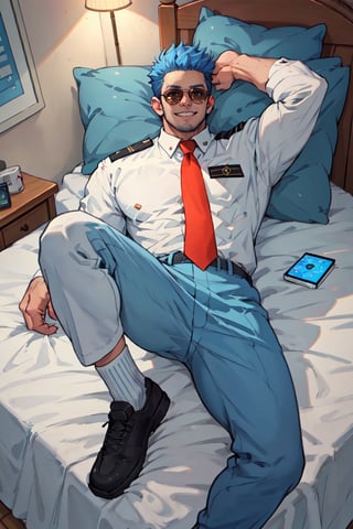 (1 image only), solo male, Wilbur, Animal Crossing, personification, pure blue hair, short hair, black eyes, blue facial hair, jawline stubble, aviation pilot uniform, white collor shirt, red necktie, epaulette, aviator sunglasses, blue pants, socks, black footwear, mature, bara, handsome, charming, alluring, grin, (complete laying on bed, on back, 2 arm rised), perfect anatomy, perfect proportions, (best quality, masterpiece), (perfect eyes, perfect eye pupil), perfect hands, high_resolution, indoor, perfect light