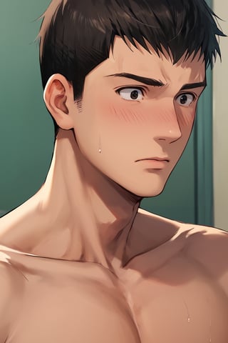 score_9, score_8_up, score_7_up, solo male, Ryuji Satake, black hair, black eyes, topless. bare neck, bare chest, handsome, charming, alluring, (portrait, close-up:1.2), shy, blush, surprised, embarrassed, sweaty, upper body, perfect anatomy, perfect proportions, best quality, masterpiece, high_resolution, cowboy shot, photo background, (perfect face, perfect eyes:1.3)
