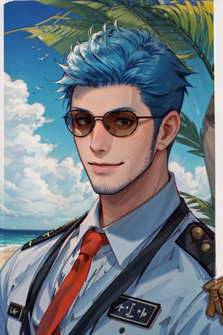 (1 image only), solo male, Wilbur, Animal Crossing, personification, pure blue hair, short hair, black eyes, blue facial hair, jawline stubble, aviation pilot uniform, white collor shirt, red necktie, epaulette, aviator sunglasses, mature, dilf, bara, handsome, charming, alluring, smile,(close-up,portrai), perfect anatomy, perfect proportions, (best quality, masterpiece), (perfect eyes, perfect eye pupil), high_resolution, dutch angle, seaside, summer,1boy