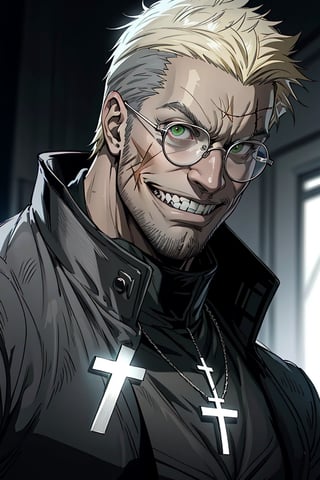 solo male, Alexander Anderson, Hellsing, Catholic priest, short silver-blond hair, green eyes, tanned skin, defined squared jaw, light facial hair, wedge-shaped scar on left cheek, round glasses, black clerical collar shirt with blue trim, (open grey coat:1.5), open coat, white gloves, silver cross necklace, (single cross, accurate cross:1.2), mature, middle-aged, imposing, tall, handsome, charming, alluring, ((crazy eyes, evil grin)), (portrait, close-up, face focus), face only, perfect anatomy, perfect proportions, best quality, masterpiece, high_resolution, dutch angle, photo background, Vatican City, indoor