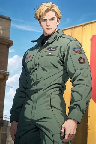solo male, Lewis Smith \(Bang Brave Bang Bravern\), blond hair, short hair, blue  eyes, grey military pilot jumpsuit, black boots, mature, handsome, charming, alluring, standing, upper body, perfect anatomy, perfect proportions, best quality, masterpiece, high_resolution, dutch angle, cowboy shot, photo background,Lewis Smith