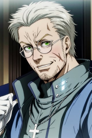 solo male, Alexander Anderson, Hellsing, Catholic priest, short silver-blond hair, green eyes, tanned skin, defined squared jaw, light facial hair, wedge-shaped scar on left cheek, round glasses, opaque glasses, glowing glasses, black clerical collar shirt with blue trim, (grey coat, open coat:1.2), white gloves, silver cross necklace, (single cross, accurate cross:1.2), mature, middle-aged, imposing, tall, handsome, charming, alluring, slight smile, calm, kindly, (portrait, close-up, face focus), face only, perfect anatomy, perfect proportions, best quality, masterpiece, high_resolution, dutch angle, photo background, Vatican City, indoor