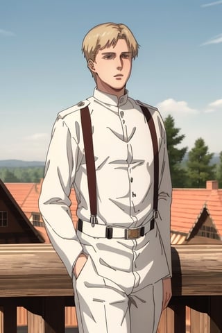 solo male, Colt Grice, blond hair, light hazel eyes, tall, white Marleyan soldier uniform, (standing collar, mandarin collar, light collar:1.2), light pants, (black suspender straps, black belt, supply packs), tall combat boots, young, handsome, charming, alluring, perfect anatomy, perfect proportions, best quality, masterpiece, high_resolution, standing, upper body, dutch angle, cowboy shot, photo background, germany city, day, ((wide avenue, high timber frame townhouse, historical building))