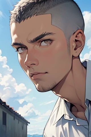 Connie Springer from Attack on Titan, (grey hair, shaved hair, buzzcut:1.2), bare forehead,  (gray eyes, normal size eyes), round face, slim, wearing pure white collared shirt, youthful, handsome, charming, alluring, (standing), (upper body in frame), simple background, green plains, cloudy blue sky, perfect light, only1 image, perfect anatomy, perfect proportions, perfect perspective, 8k, HQ, (best quality:1.5, hyperrealistic:1.5, photorealistic:1.4, madly detailed CG unity 8k wallpaper:1.5, masterpiece:1.3, madly detailed photo:1.2), (hyper-realistic lifelike texture:1.4, realistic eyes:1.2), picture-perfect face, perfect eye pupil, detailed eyes, realistic, HD, UHD, (front view:1.2), portrait, looking outside frame