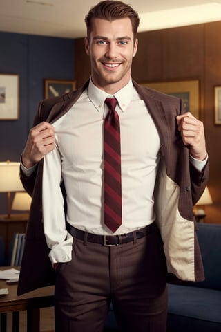 (1 image only), solo male, bara, Chase Devineaux, French, detective, brown hair, short hair, hair slicked back, brown eyes, sideburns, facial hair, broad stubble, white collared shirt, striped brown/red necktie, pure brown suit jacket, pants, mature, handsome, charming, alluring, grin, blush, standing, upper body , perfect anatomy, perfect proportions, (best quality, masterpiece), high_resolution, photorealistic, hyperrealistic, madly detailed photo, hyper-realistic lifelike texture, picture-perfect face, (realistic eyes, perfect eyes, perfect eye pupil), perfect hands, dutch angle