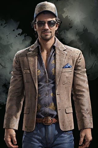 1boy, solo, Ace Visconti, Dead By Dayligh, Argentinian of Italian descent, gambler, grey-streaked hair, sunglasses, cap, damask print shirt, classic jacket, jeans, mature,manly, masculine, handsome, charming, alluring, smirk, (standing), (upper body in frame), dark background, fog, dark atmosphere, perfect light, perfect anatomy, perfect proportions, 8k, HQ,  (best quality:1.2, masterpiece:1.2, madly detailed), perfect face, front view, portrait