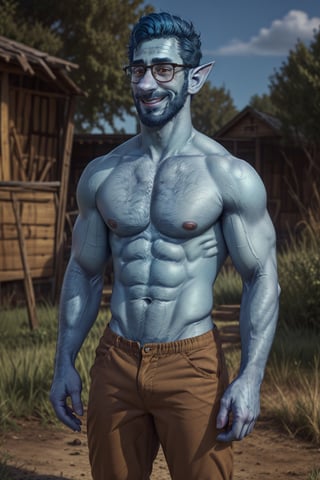 (1 image only), solo male, Wilden Lightfoot, Pixar Animation Onward, (blue skin:1.2), dark blue hair, short hair, brown eyes, thick eyebrows, pointy ears, facial hair, beard, black-framed-glasses, (topless, shirtless:1.2), khaki pants, mature, bara, dilf, handsome, charming, alluring, smile, standing, upper body, perfect anatomy, perfect proportions, (best quality, masterpiece), (perfect eyes, perfect eye pupil), perfect hands, high_resolution, dutch angle, cowboy shot, green field