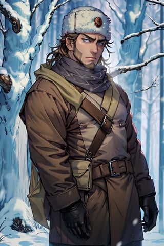 (human), (1 image only), solo male, Vasily Pavlichenko, Golden Kamuy, Russian, sniper, brown hair, blue eyes, sharp eyes, defined eyelashes, furrowed brow, wavy medium-length hair, bold sideburns, short and neat Shenandoah beard, lightly-colored coat, dark gloves, scarf, pants, boots, crossbody bag, handsome, charming, alluring, standing, upper body in frame, perfect anatomy, perfect proportions, 2d, anime, (best quality, masterpiece), (perfect eyes, perfect eye pupil), high_resolution, dutch angle, snowy forest, better_hands, tall wool cap, papakha, ushanka