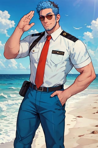 (1 image only), solo male, Wilbur, Animal Crossing, personification, pure blue hair, short hair, black eyes, blue facial hair, jawline stubble, aviation pilot uniform, white collor shirt, red necktie, epaulette, aviator sunglasses, blue pants, socks, black footwear, mature, dilf, bara, handsome, charming, alluring, grin, standing, upper body, hand in pocket, (two-finger salute:1.2), perfect anatomy, perfect proportions, (best quality, masterpiece), (perfect eyes, perfect eye pupil), perfect hands, high_resolution, dutch angle, cowboy shot, seaside, summer