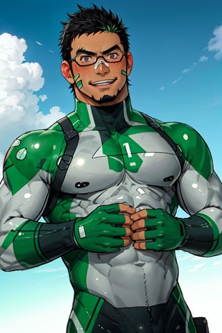 (1 image only), solo male, bara, Kyoichi Ootomo, Live A Hero, Asian, Japanese, hero, short hair, black hair, green streaked hair, sideburns, black eyes, facial hair, goatee, (wore glasses), tan skin, white bandaid on nose, goggles, grey&green bodysuit, skin tight, green fingerless gloves, smile, blush, mature, handsome, charming, alluring, standing, upper body, perfect anatomy, perfect proportions, (best quality, masterpiece), (perfect eyes, perfect eye pupil), perfect hands, high_resolution, dutch angle, Japanese city street