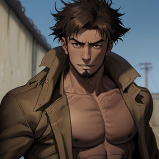 solo male, Genma Shizume, Asian, Japanese, black hair, chinstrap beard, sideburns, black eyes, calm eyes, slitty eyes, intense gaze, (topless, bare chest, bare neck, bare belly), (light brown trench coat, open trench coat:1.2), black pants, black gloves, mature, masculine, handsome, charming, allurin, grin, smile, upper body, perfect anatomy, perfect proportions, (best quality, masterpiece, high_resolution:1.3), (perfect eyes, perfecteyes:1.3),perfecteyes