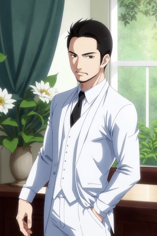 solo male, Maeda, Asobi Asobase, butler, black hair, short hair, black eyes, facial hair, white collared shirt, open shirt , dark blue pants, mature, handsome, charming, alluring, calm, polite, standing, upper body, perfect anatomy, perfect proportions, best quality, masterpiece, high_resolution, cowboy shot, mansion garden, photo background , view from front 
