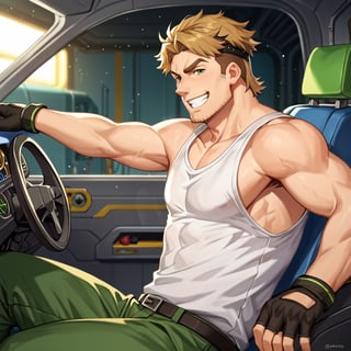 score_9, score_8_up, score_7_up, score_6_up, perfect anatomy, perfect proportions, best quality, masterpiece, high_resolution, high quality, solo male, Gagumber, brown hair, two-tone hair, sideburns, facial hair, stubble, green eyes, thick eyebrows, white tank top, bare shoulders, bare arms, black gloves, green work pants, sitting in a huge industrial mecha, mecha cockpit, operator's seat, mecha joystick, outstretched arms, outstretched legs, spread legs, ((2 hands holding joysticks)), science fiction, adult, mature, masculine, manly, handsome, charming, alluring, serious, intense eyes, v-shaped eyebrows, open mouth, grin, ((upper body)), view from side, cinematic still, emotional, harmonious, vignette, bokeh, cinemascope, moody, epic, gorgeous