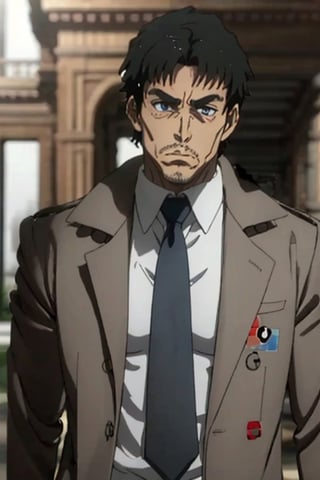 1boy, solo, Blitz T. Abrams, Kekkai Sensen, anime, tall, muscular man, hort black hair, blue eyes, facial hair, 51 years old, mature, handsome, manly, white collared shirt, black necktie, brown overcoat, perfect anatomy, perfect proportions, 8k, HD, HQ, (best quality:1.2, masterpiece, madly detailed photo), detailed, perfect face, perfect eye pupil, detailed eyes, high_resolution, image with color,Blitz