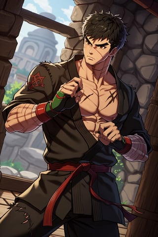 solo male, Grappler, Dungeon Fighter Online, black hair, short hair, brown eyes, thick eyebrows, forked eyebrows, stubble, green eyes, scars on face, scar on cheek, scar on chest, pectorals, pectoral cleavage, rn black dougi, black pants, red martial arts belt, yellow fingerless gloves, barefoot, bandaged hand, toned male, mature, handsome, charming, alluring, blush, shy, serious, fighting stance, upper body, perfect anatomy, perfect proportions, ((perfect eyes, perfect, parfect fingers)), best quality, masterpiece, high_resolution, dutch angle, cowboy shot, photo background, (looking outside)