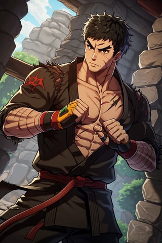 solo male, Grappler, Dungeon Fighter Online, black hair, short hair, brown eyes, thick eyebrows, forked eyebrows, stubble, green eyes, scars on face, scar on cheek, scar on chest, pectorals, pectoral cleavage, rn black dougi, black pants, red martial arts belt, yellow fingerless gloves, barefoot, bandaged hand, toned male, mature, masculine, hunk, handsome, charming, alluring, blush, shy, serious, fighting stance, upper body, perfect anatomy, perfect proportions, ((perfect eyes, perfect, parfect fingers)), best quality, masterpiece, high_resolution, dutch angle, cowboy shot, photo background, (looking outside)